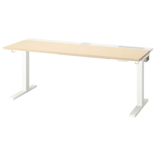 MITTZON wooden adjustable desk, light brown top, white legs, modern design.
