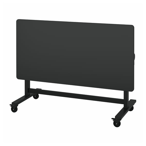 Black foldable meeting table on wheels. Designed for flexibility and easy storage.