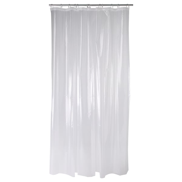 Clear NÄCKTEN shower curtain. All-purpose plastic, transparent, rectangular design.