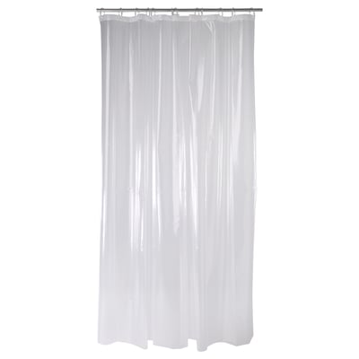 Clear NÄCKTEN shower curtain. All-purpose plastic, transparent, rectangular design.