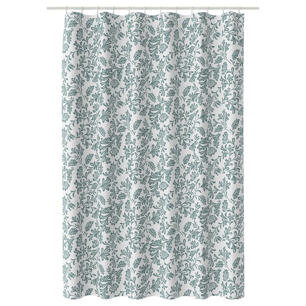 Grey-turquoise leaf-patterned shower curtain made from recycled polyester.