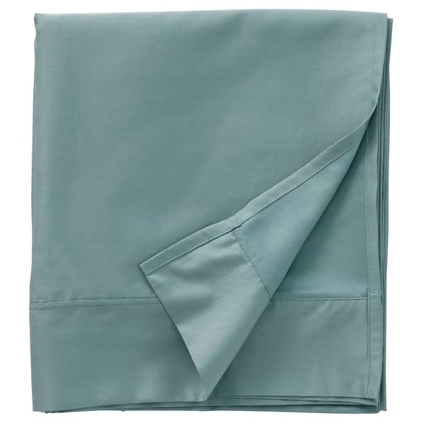 Folded light blue-green sheet, smooth, pleated edge, cotton and lyocell blend, NATTJASMIN.