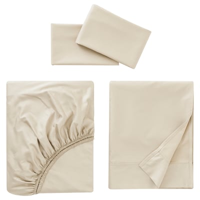 Three beige bed linens displayed: flat sheet, fitted sheet with elastic edges, and two folded pillowcases. Sateen finish with silky texture.