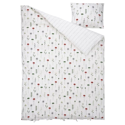 NATTSLÄNDA duvet cover: white, floral & dotted, soft cotton/lyocell, square corners.