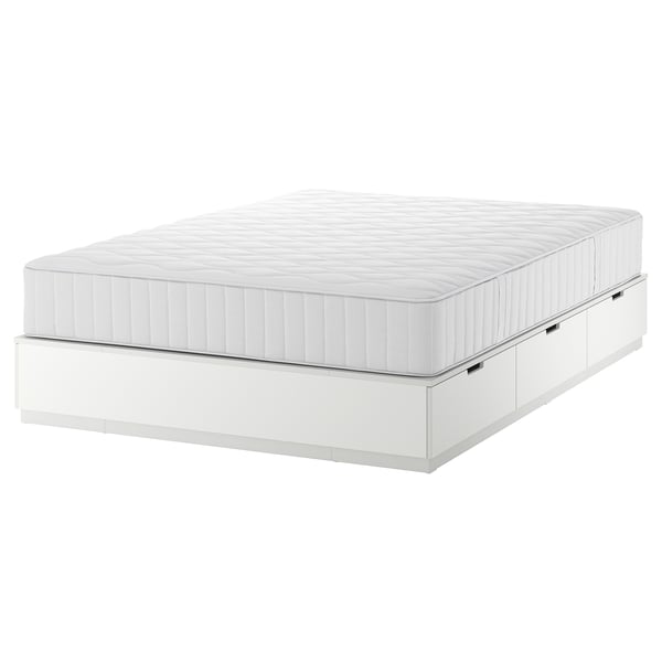 White NORDLI bed frame with six drawers, featuring a fiberboard and pine construction, offering storage and comfort for small spaces.