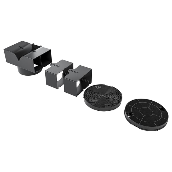 NYTTIG FIL 20 kitchen philtres, black, designed for grease and odour control. It includes four rectangular duct connectors and two circular philtres.