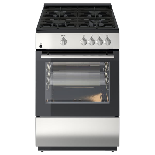 Stainless steel gas stove and oven combo with four burners and digital display.
