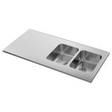 A stainless steel double-bowl kitchen sink with a rectangular design.