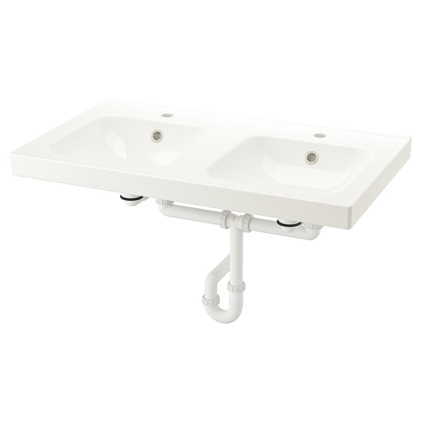 White, wall-mounted double sink, ORRSJÖN, sleek & modern design, polished chrome drains, integrated basins.