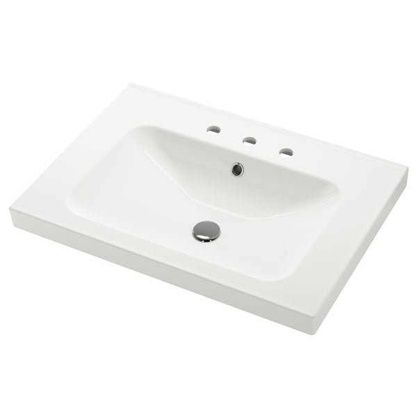 Orrsjon white ceramic sink, rectangular, smooth edges, drain hole at centre.