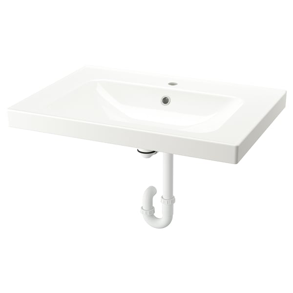 White ORRSJÖN ceramic basin, sleek design, rounded edges, central drain.
