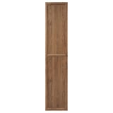 A tall, brown wooden storage cabinet with a single panel door, designed to attach to a bookcase.