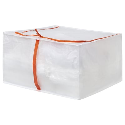 A white PÄRKLA storage bag with orange zip and handles, square in shape, made from recycled materials.