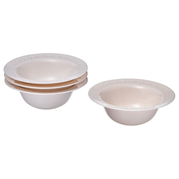 Two stacks of white, round bowls with a patterned rim, made of durable tempered glass.