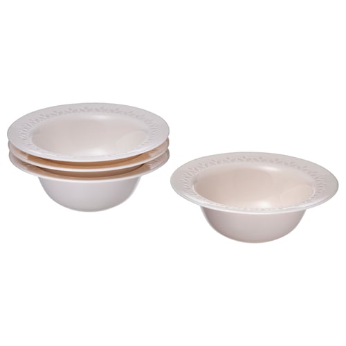 Two stacks of white, round bowls with a patterned rim, made of durable tempered glass.