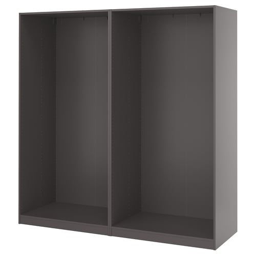Is of a PAX wardrobe frame in black. Its rectangular, with no doors, showing an open interior ready for organisation.