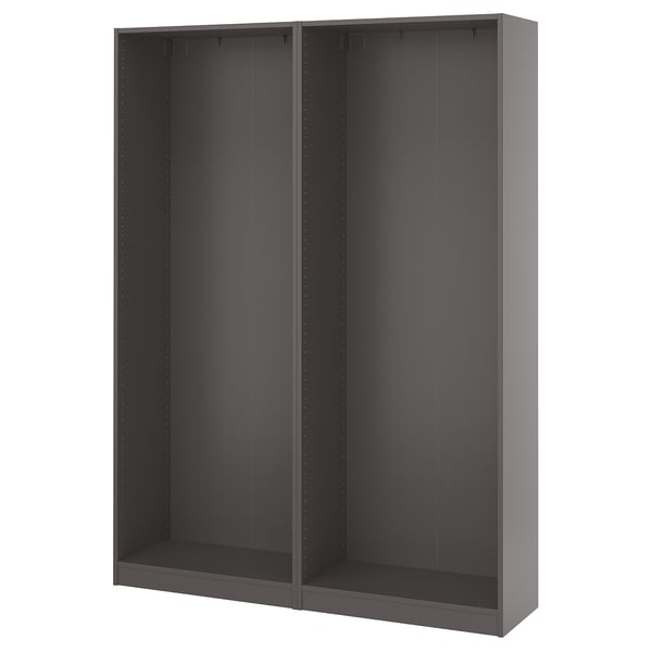 Grey PAX wardrobe frame, tall and open, with adjustable feet and mounting rails.