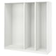 A white IKEA PAX wardrobe frame, rectangular, with adjustable feet for floor levelling.