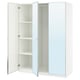 A white PAX wardrobe with mirrored doors, featuring three open sections with shelves.