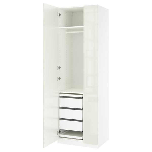 White PAX wardrobe, slim design, mirrored doors, metal handles.