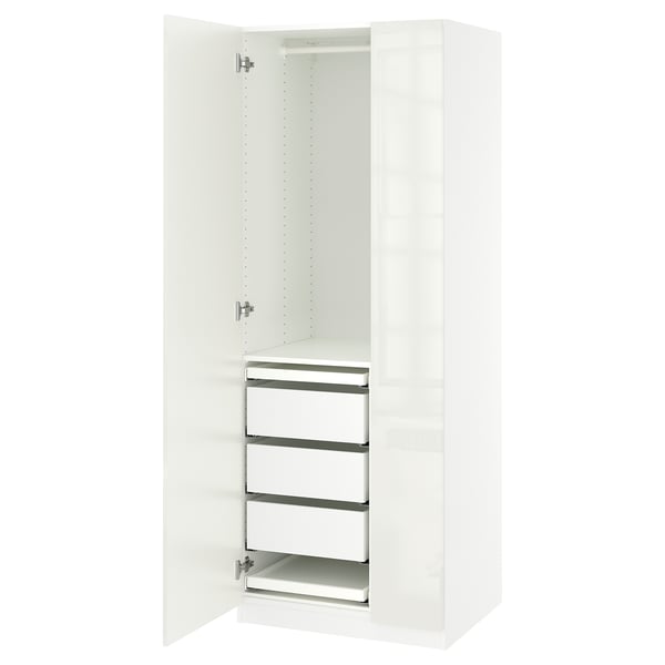 White PAX wardrobe with open doors, metal shelves.