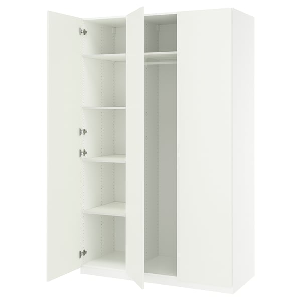 White PAX wardrobe with open doors, revealing adjustable shelves inside.