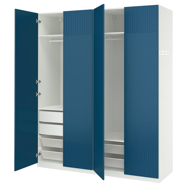 PAX wardrobe: blue & white, tall, rectangular, with open sections revealing shelves, drawers, and mesh baskets.
