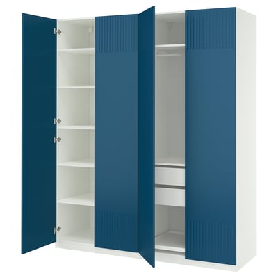 Blue PAX wardrobe with open doors, revealing shelves.