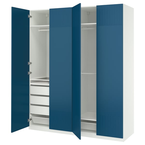 Blue PAX closet, white interior, drawers, hangers.