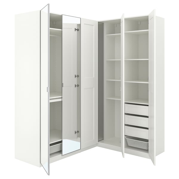 White PAX corner wardrobe with mirrored doors and shelves.