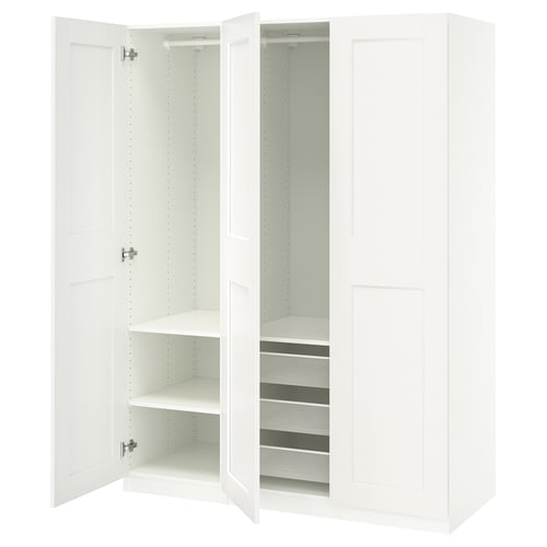 White PAX wardrobe with open door, shelves, and mesh drawer.