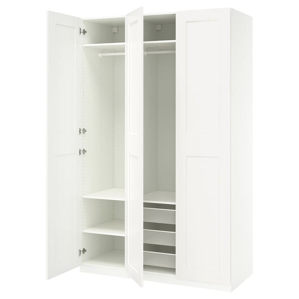 White PAX wardrobe, open doors, shelves, mesh basket.