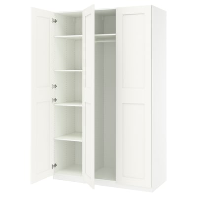White PAX wardrobe: tall, rectangular, with two open sections revealing adjustable shelves and a hanging rod.