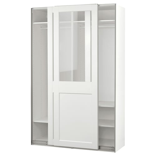 White PAX wardrobe with glass doors, modern design, adjustable feet, and sliding doors.