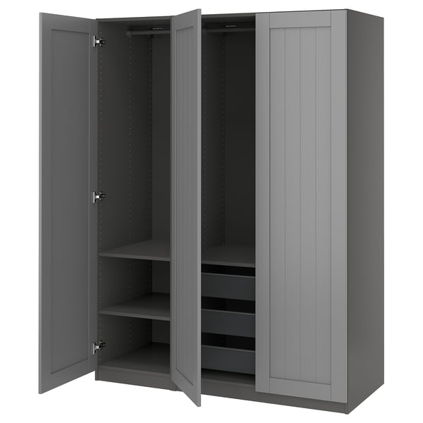 Grey PAX wardrobe, open showing shelves and drawers, modern design, steel, particleboard.