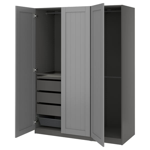 A grey PAX wardrobe with open doors, featuring drawers and shelves inside.