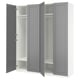 An open grey IKEA PAX wardrobe with shelves and a hanging rod.
