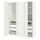 White PAX wardrobe with open doors, shelves, drawers, and mesh baskets.