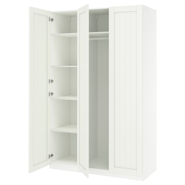 White PAX wardrobe with open doors showcasing empty shelves.