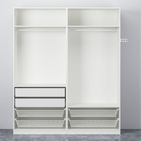 A white PAX wardrobe with drawers and shelves. It adjustable feet, mesh baskets for folded clothes, and silent-closing hinges.