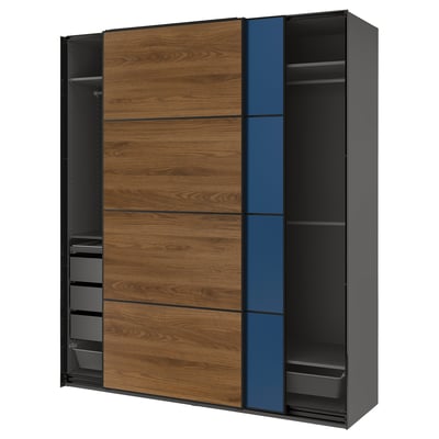 PAX / MEHAMN/AULI Wardrobe with sliding doors, dark gray black/double sided walnut, 78 3/4x26x93 1/8 "