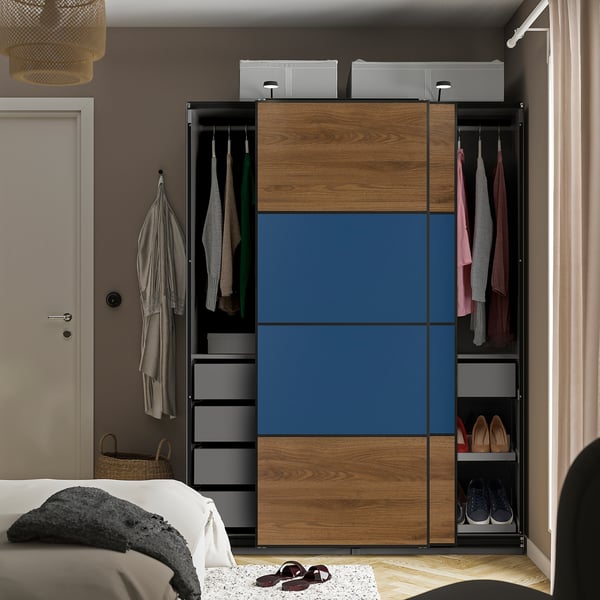 PAX / MEHAMN Wardrobe with sliding doors, dark gray black/walnut blue, 59x26x79 1/8 "