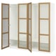 White PAX wardrobe with three sections, light wood trim, and one door open, hinges visible.