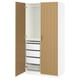 A white PAX wardrobe with oak doors, featuring shelves and drawers inside.