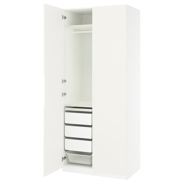 A white PAX wardrobe with one door open, revealing shelves and a mesh basket.