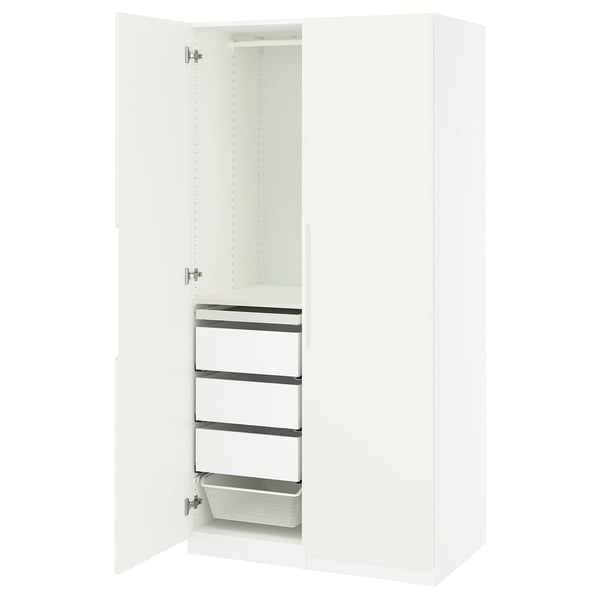 A white PAX wardrobe with one door open, revealing shelves and a drawer.