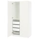 A white PAX wardrobe with one door open, revealing shelves and a drawer.