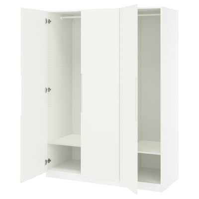 White PAX wardrobe with open sections showcasing shelves and hanging rail.