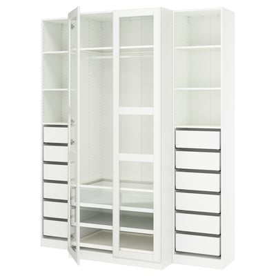 A white ikea PAX wardrobe with glass doors, featuring shelves and drawers.