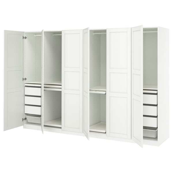 White PAX wardrobe with open doors, shelves, drawers, and compartments.